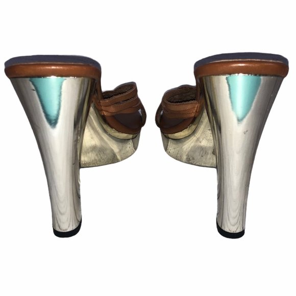 Michael Kors Tan Braided Gold Platform Mule Heels - Picture 4 of 7